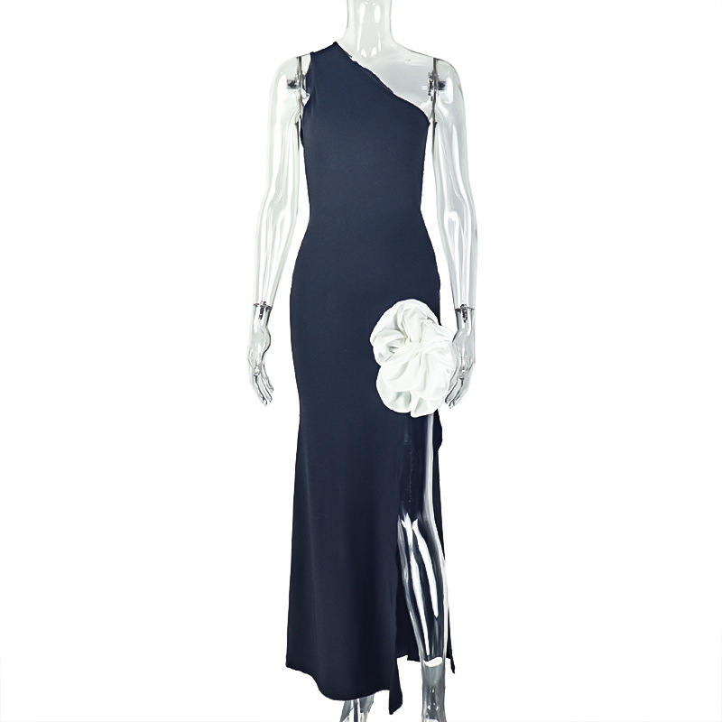 Women Black and White Patchwork Backless Slash Shoulder Sleeveless Bodycon Dress