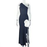 Women Black and White Patchwork Backless Slash Shoulder Sleeveless Bodycon Dress
