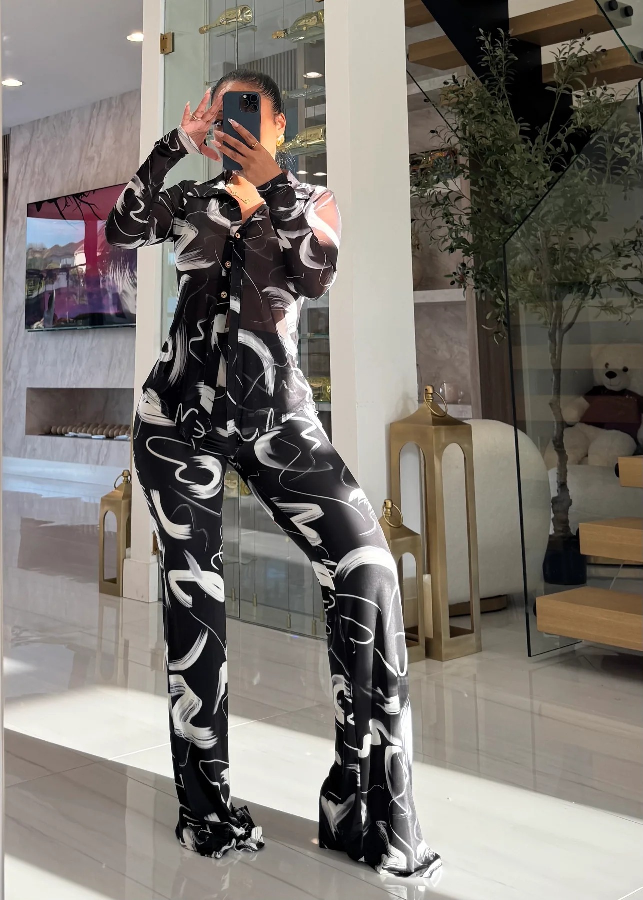 Women Printed Mesh Turndown Collar Long-Sleeved Button Top and Bell Bottom Pants Two-Piece Set