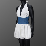 Women Fall Sexy Backless Lace-Up Contrast Patchwork Halter Neck Dress