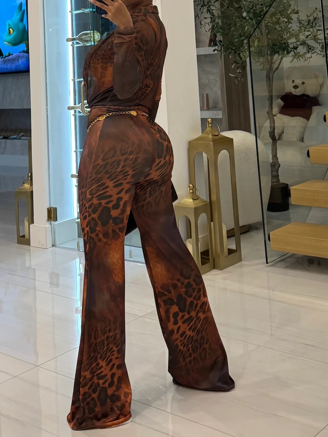 Women Printed Mesh Turndown Collar Long-Sleeved Button Top and Bell Bottom Pants Two-Piece Set