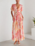 Women Holiday Chiffon V-Neck Short-Sleeve Zippered Print Dress