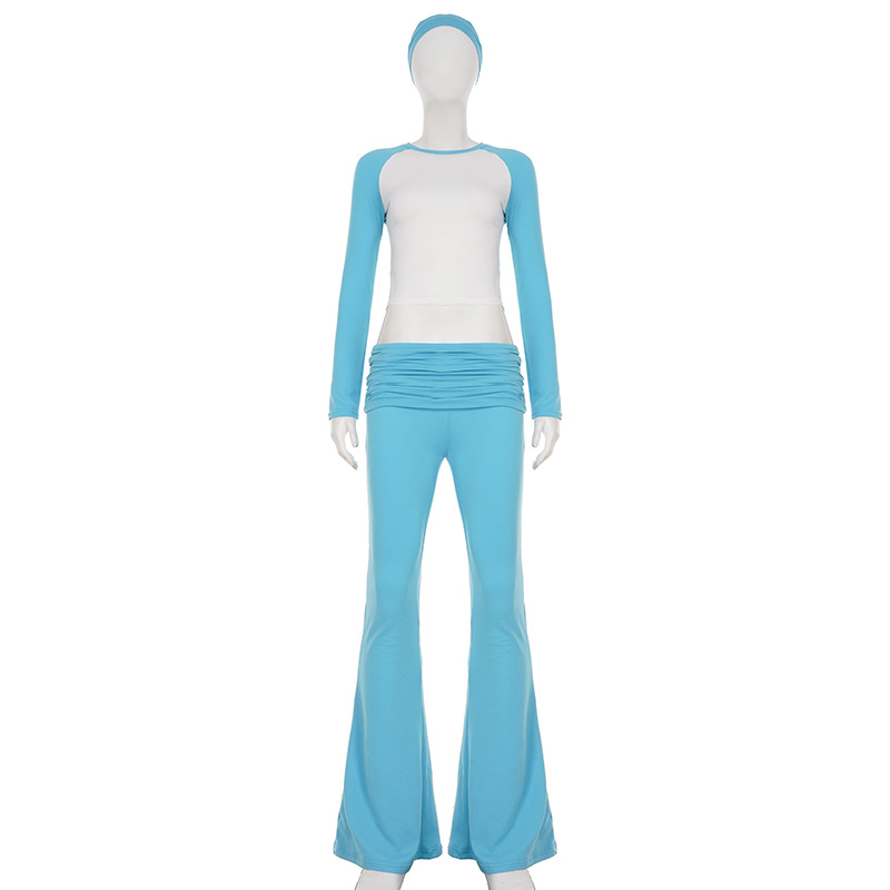 American Casual Sport Color Block Long Sleeve T-Shirt & Fold-Waist Pants Gym Three-Piece Set