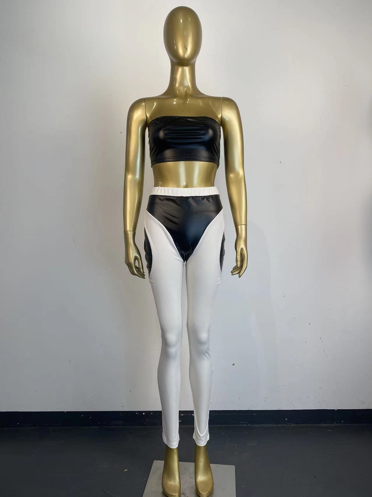 Women Sexy Colorblock Pu Leather Patchwork Strapless Top and Pants Two-Piece Set