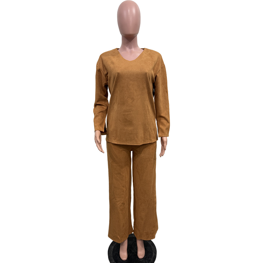 Women Solid Long-Sleeved Slit Two-Piece Set