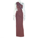 Women Backless Sexy Elegant Solid Dress with Irregular High Neck Slit