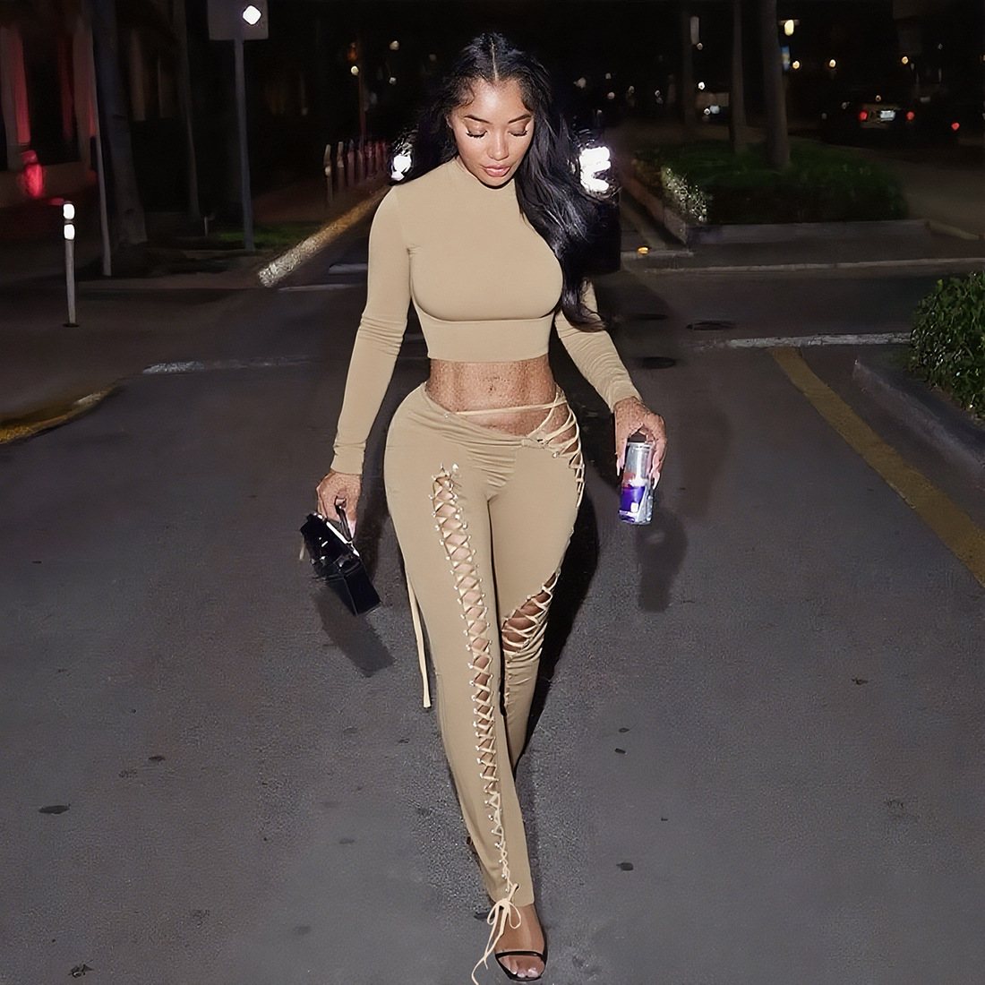 Women Fall/Winter Long-Sleeved Sexy Cutout Lace-Up Pants Two-Piece Set