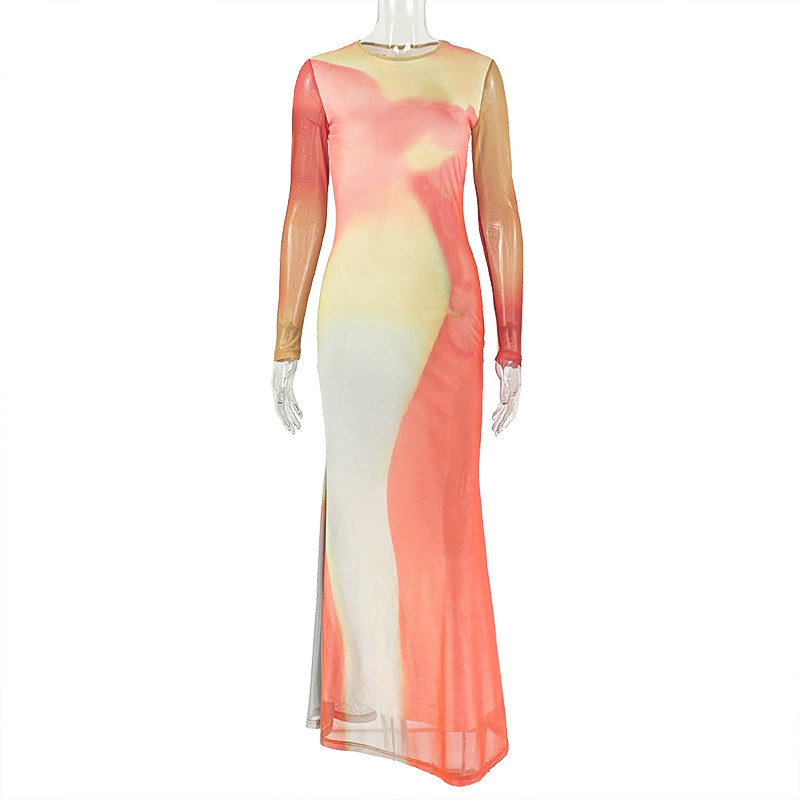 Women Colorblock Print Round Neck Long Sleeve Pleated Bodycon Dress