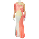 Women Colorblock Print Round Neck Long Sleeve Pleated Bodycon Dress