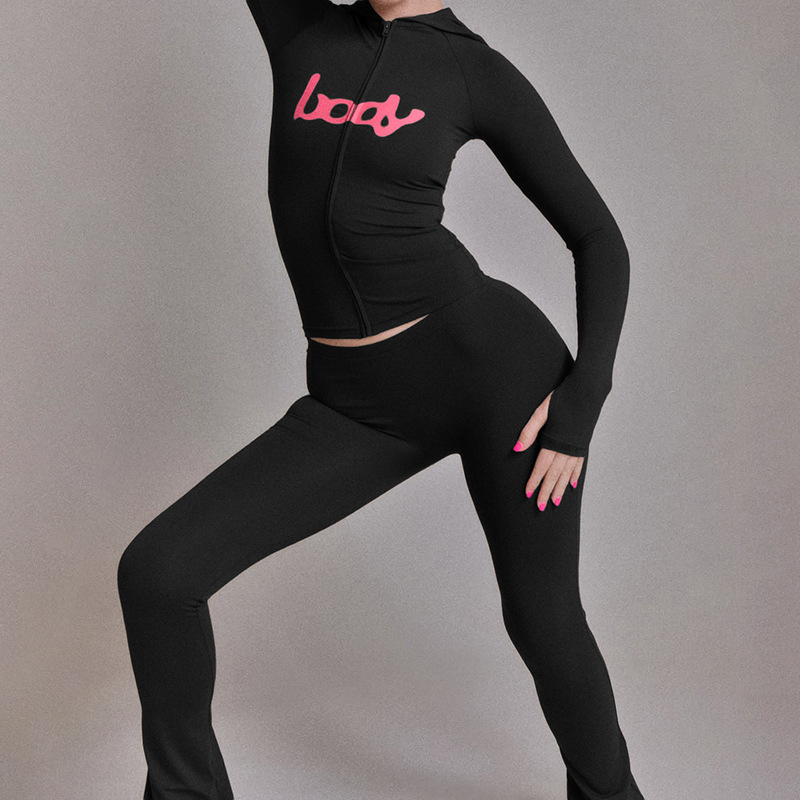 Women Fall/Winter Hooded Letter Print Zipper Top and Pants Two-Piece Set