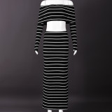 Women Fall/Winter Striped Off-Shoulder Crop Top and Skirt Two-Piece Set