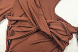 Women Solid Pleated One-Shoulder Lace-Up Cutout Round Neck Bodycon Dress