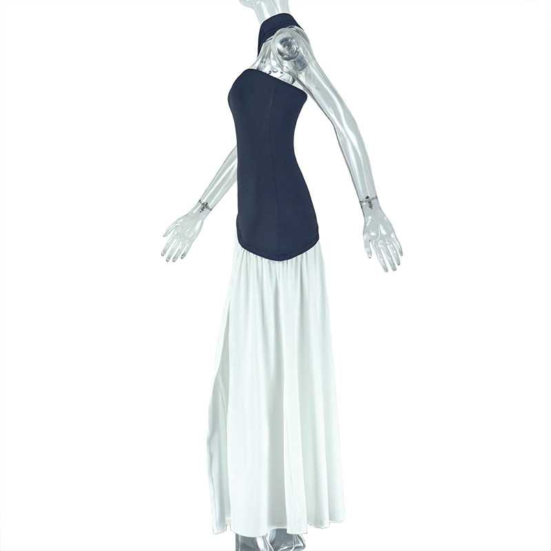 Women Black and White Contrast Color Slit Irregular Pleated Off-Shoulder Strapless Backless Dress