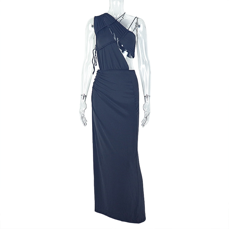 Women Backless Sexy Elegant Solid Dress with Irregular High Neck Slit