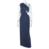 Women Backless Sexy Elegant Solid Dress with Irregular High Neck Slit