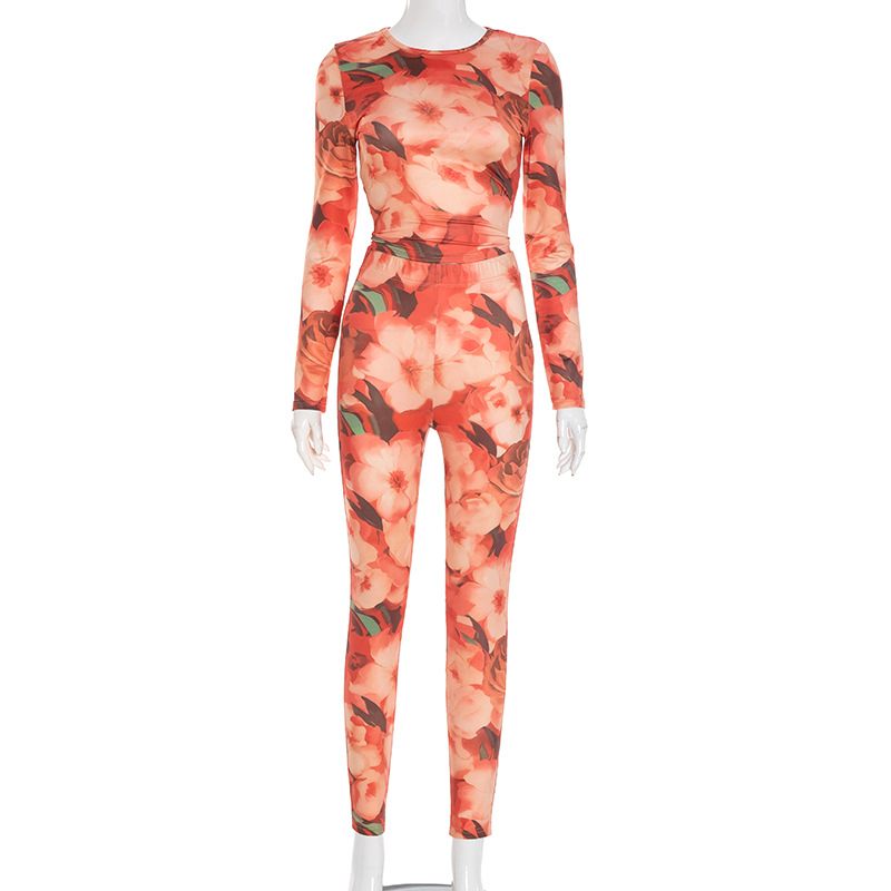 Women Fall/Winter Round Neck Floral Print Long-Sleeved Top and Pants Two-Piece Set