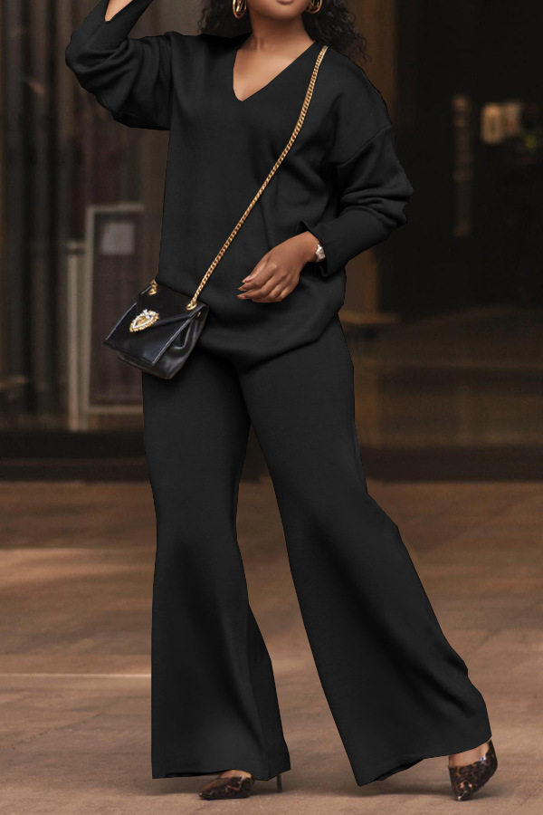 Women Solid Long-Sleeved Slit Two-Piece Set