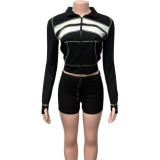 Women Waffle Color-Contrast Patchwork Top and Drawstring Shorts Two-Piece Set