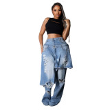 Women Casual Fashion Stretchy Apron Denim Ripped Pant