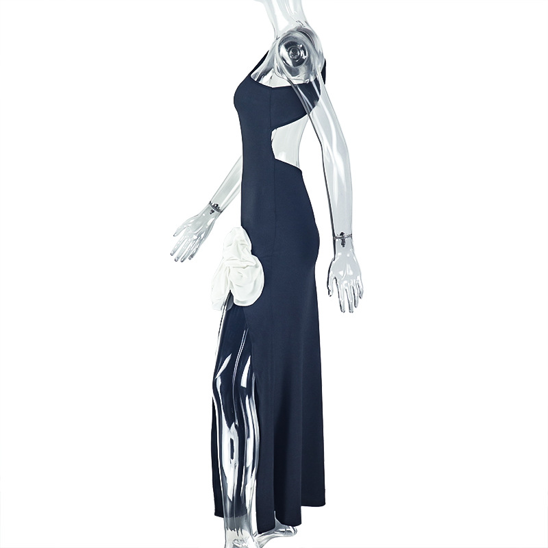 Women Black and White Patchwork Backless Slash Shoulder Sleeveless Bodycon Dress