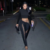 Women Fall/Winter Long-Sleeved Sexy Cutout Lace-Up Pants Two-Piece Set
