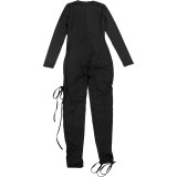 Women Fall/Winter Long-Sleeved Sexy Cutout Lace-Up Jumpsuit