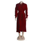 Women Sexy Lace-Up Buttoned Long-Sleeved Dress