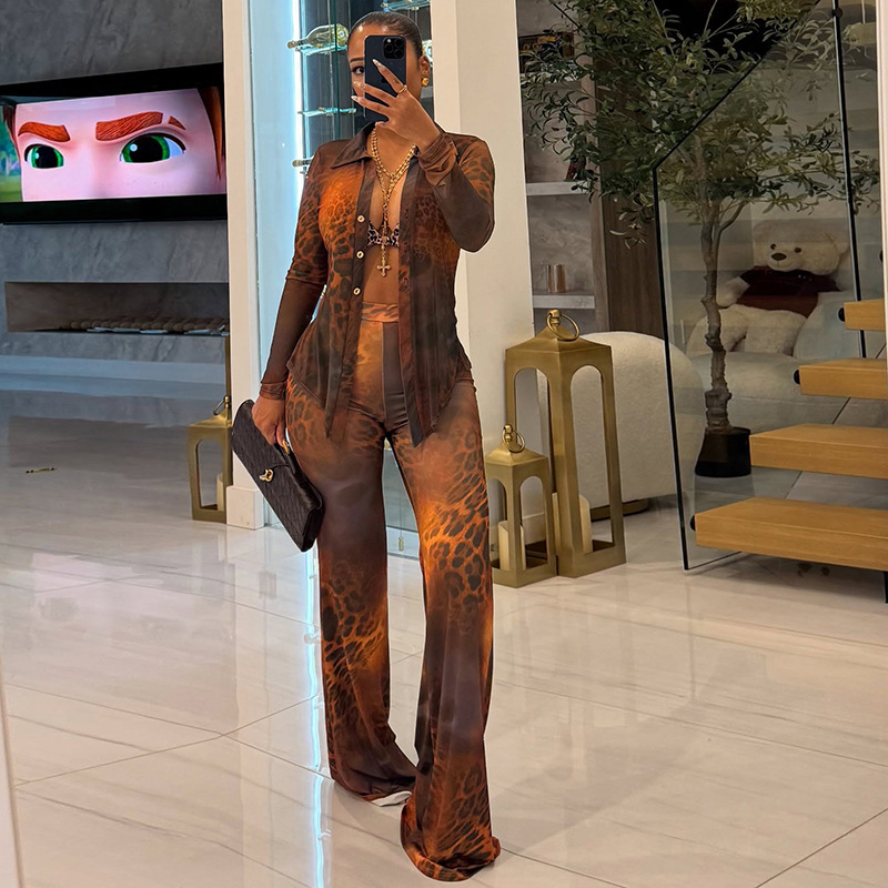 Women Printed Mesh Turndown Collar Long-Sleeved Button Top and Bell Bottom Pants Two-Piece Set