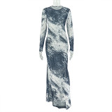 Women Printed Colorblock Round Neck Long Sleeve Bodycon Dress