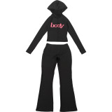 Women Fall/Winter Hooded Letter Print Zipper Top and Pants Two-Piece Set