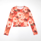 Women Fall/Winter Round Neck Floral Print Long-Sleeved Top and Pants Two-Piece Set