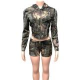 Women Sexy Printed Long-Sleeved Hooded Top and Shorts Two-Piece Set