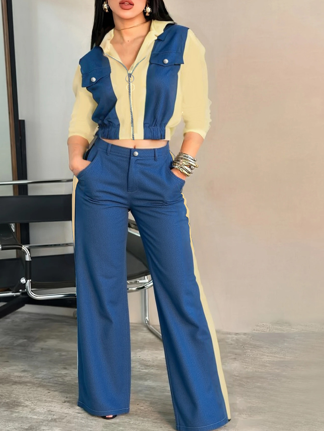 Women Sporty Casual Denim Contrast Zippered Jacket and Wide-Leg Pants Two-Piece Set