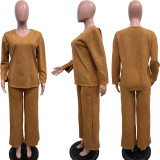 Women Solid Long-Sleeved Slit Two-Piece Set