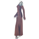 Women Solid Pleated One-Shoulder Lace-Up Cutout Round Neck Bodycon Dress