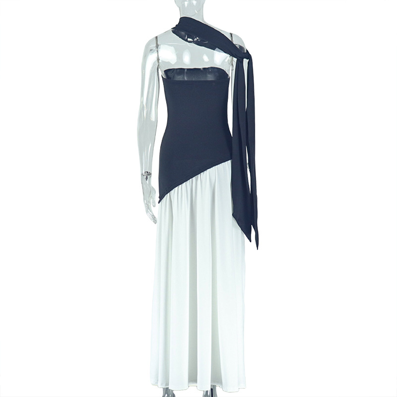 Women Black and White Contrast Color Slit Irregular Pleated Off-Shoulder Strapless Backless Dress