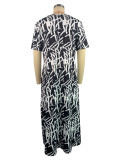 Women Casual Printed Black and White Short-Sleeve Round Neck Maxi Dress