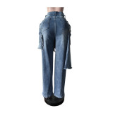 Women Casual Fashion Stretchy Apron Denim Ripped Pant