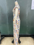Women autumn printed short-sleeved wide-leg jumpsuit