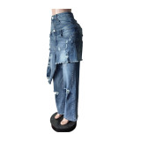 Women Casual Fashion Stretchy Apron Denim Ripped Pant