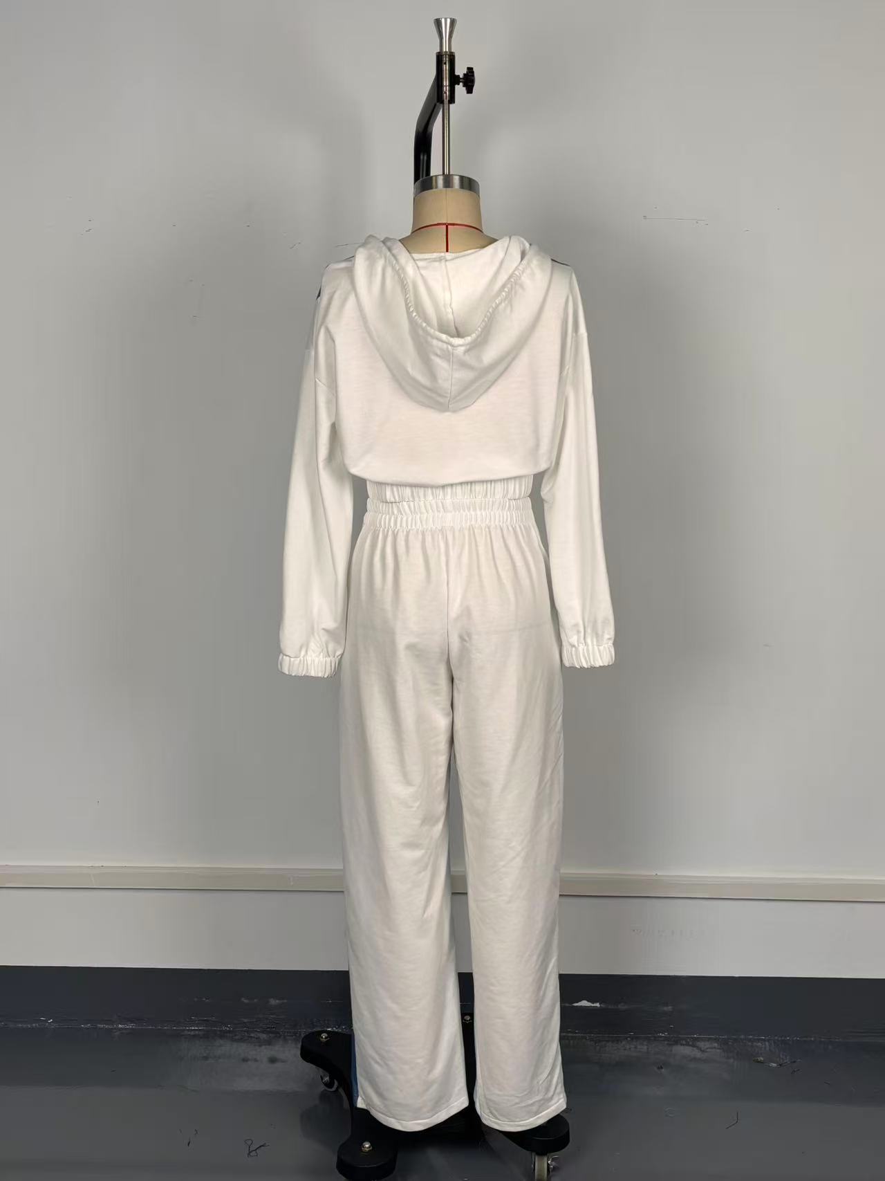 Women Sporty Casual Denim Contrast Zippered Jacket and Wide-Leg Pants Two-Piece Set