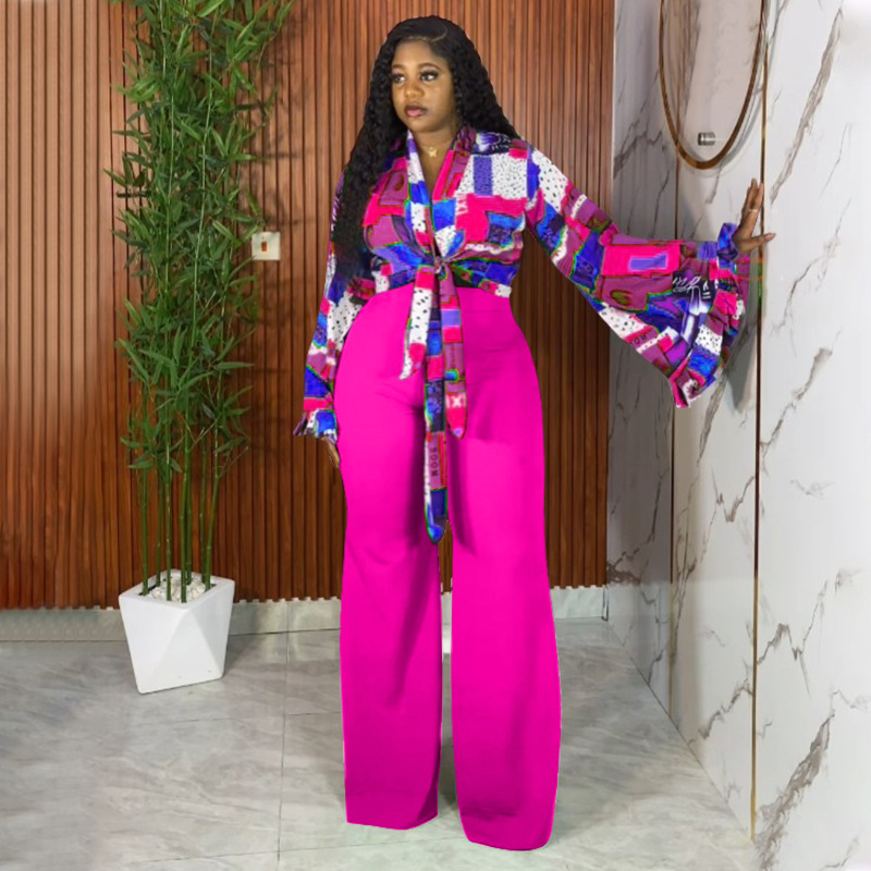 Plus-Size Women Fall Printed Bell Bottom-Sleeve Top and Wide-Leg Pants Two-Piece Set