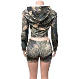Women Sexy Printed Long-Sleeved Hooded Top and Shorts Two-Piece Set