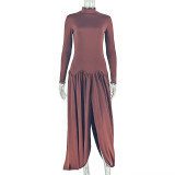 Women Slash Solid Pleated Elegant Turtleneck Long Sleeve Bodycon Dress