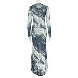 Women Printed Colorblock Round Neck Long Sleeve Bodycon Dress
