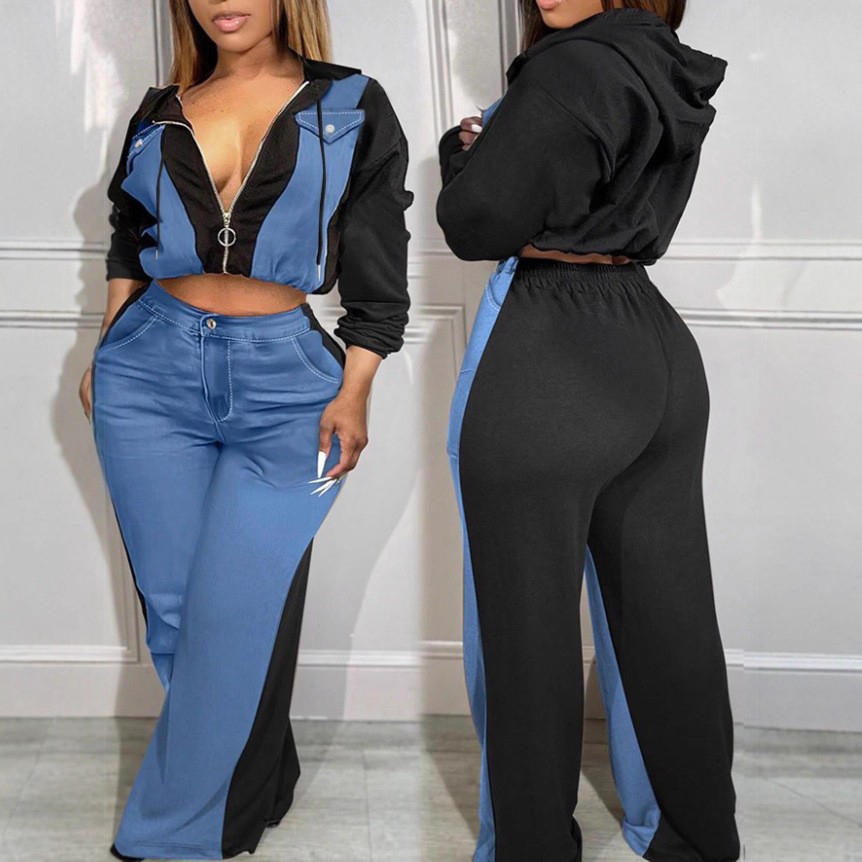 Women Sporty Casual Denim Contrast Zippered Jacket and Wide-Leg Pants Two-Piece Set