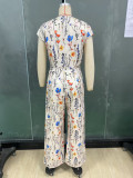 Women autumn printed short-sleeved wide-leg jumpsuit