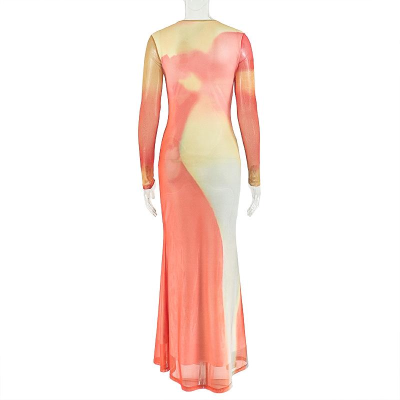 Women Colorblock Print Round Neck Long Sleeve Pleated Bodycon Dress