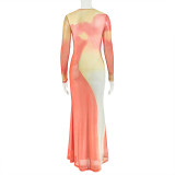 Women Colorblock Print Round Neck Long Sleeve Pleated Bodycon Dress