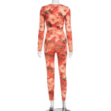 Women Fall/Winter Round Neck Floral Print Long-Sleeved Top and Pants Two-Piece Set